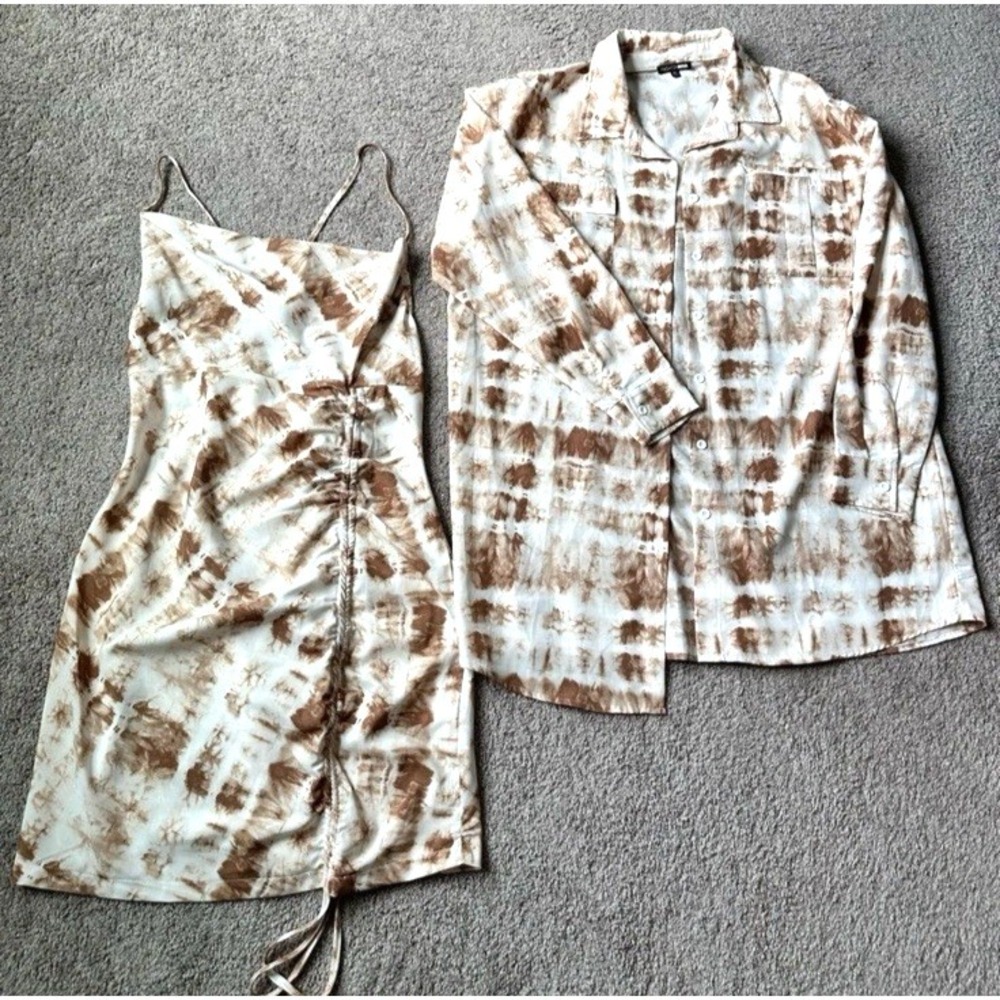 Fashion Nova Tie Dye Oversized Shirt and Mini Dress Set Brown Cream XL Layering